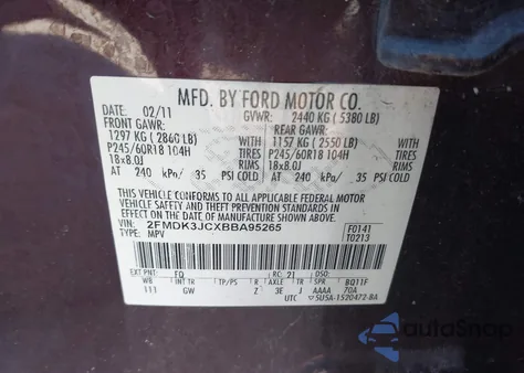 2011 Ford Edge Sel из США, поврежденный, VIN 2FMDK3JCXBBA95265